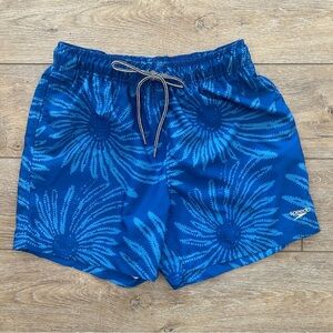 Speedo Swim Trunks Blue Floral Print Sz Large Drawstring Waist Pockets Large